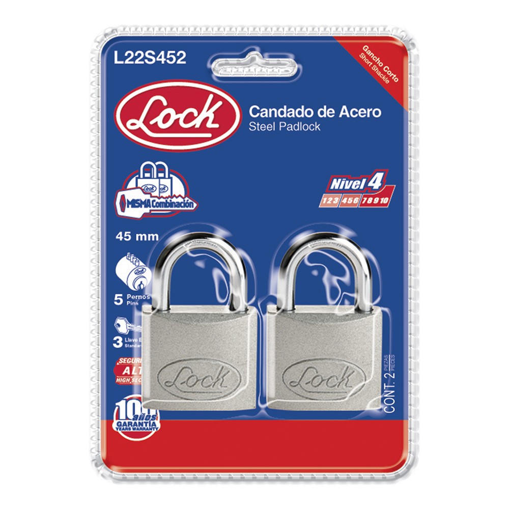 CANDADO ACERO CORTO/LLAVE 2PZS LOCK